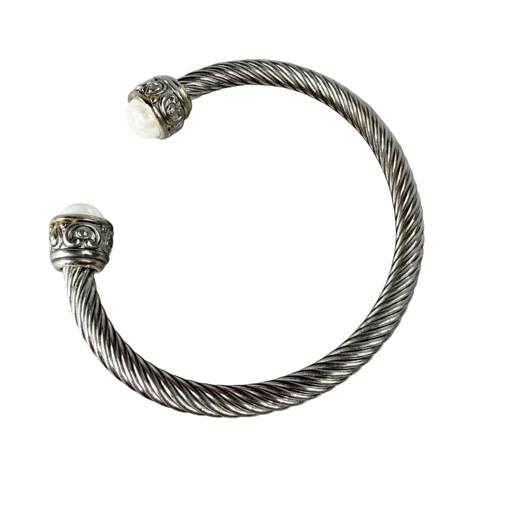 Silver Tone Rope Open Cuff Bracelet White Faux Pearl Endcaps Women's Fashion